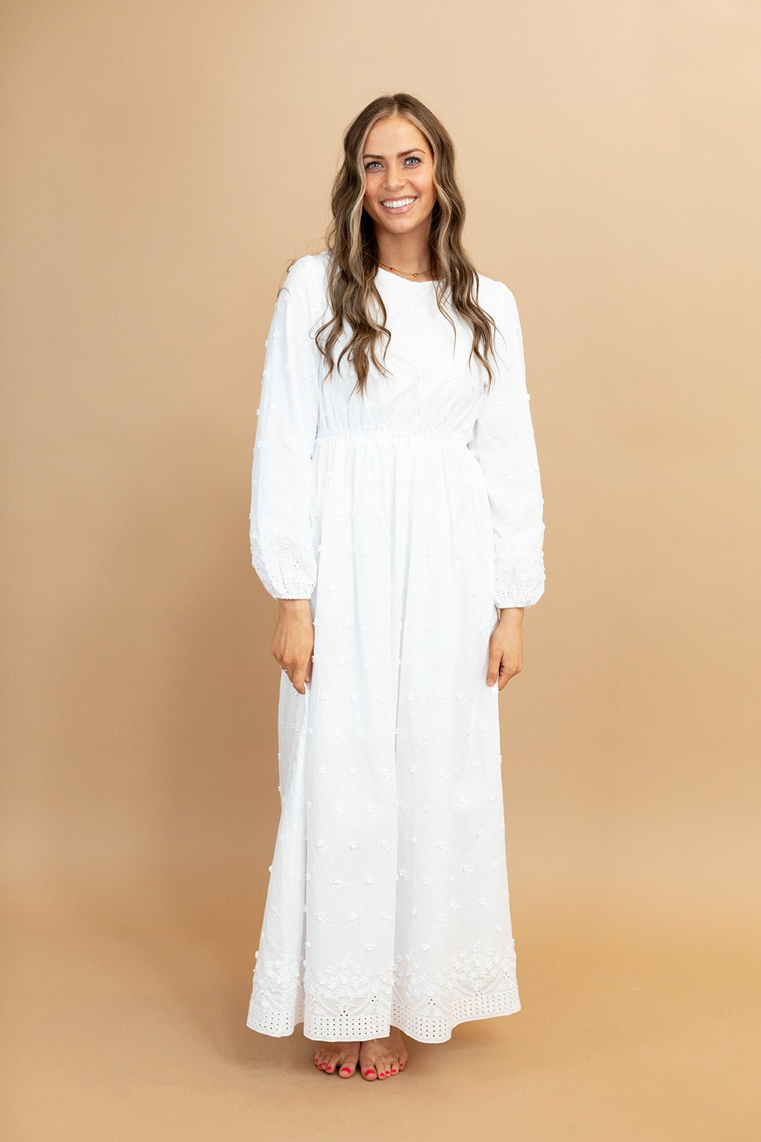Bonnie Eyelet White LDS Temple Dress | Brooklyn Blush