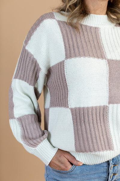 Aria Checked Sweater in Taupe/Ivory