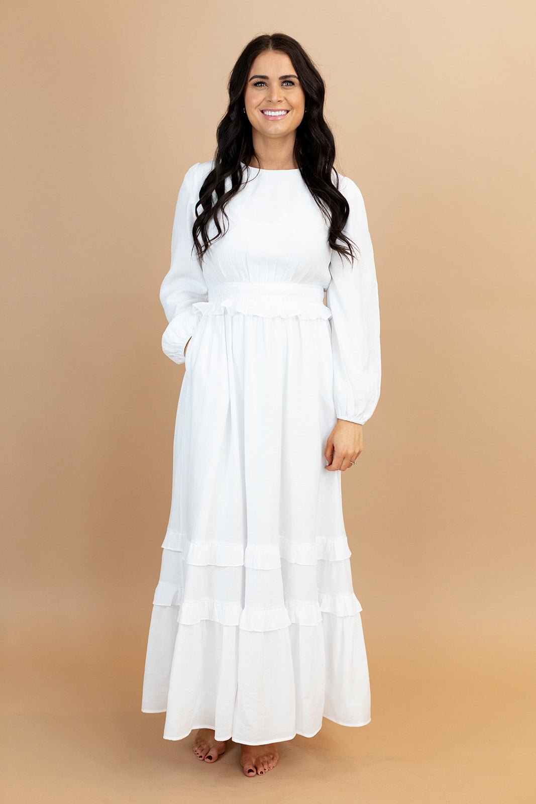 Amelia Tiered Temple Dress — white LDS temple dress from Brooklyn Blush in Draper, Utah
