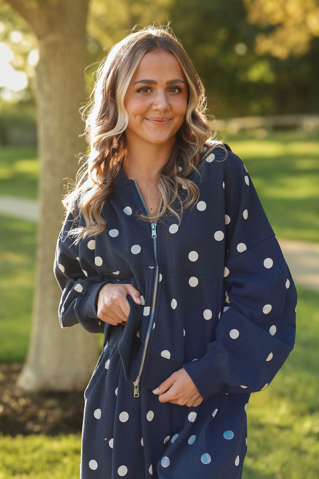 Evie Polka Dot Zip Up Sweater (navy)