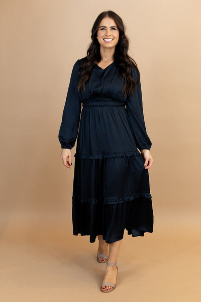 Angelica Satin Dress in Navy