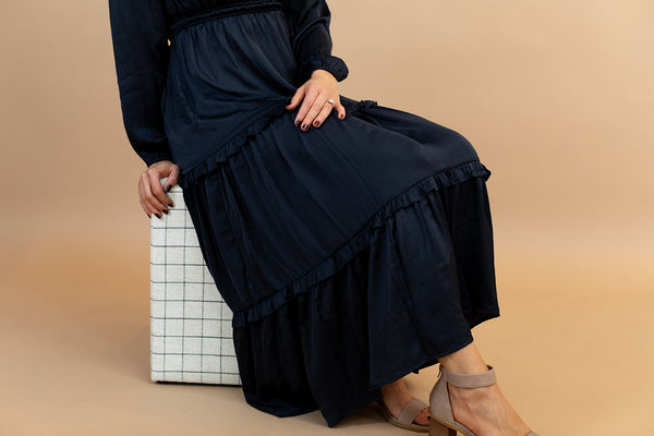 Angelica Satin Dress in Navy