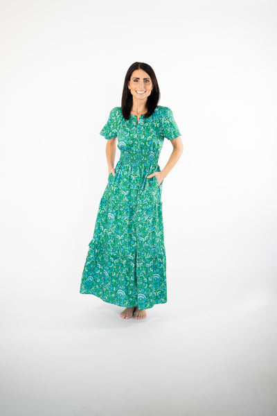 Francesca Smocked Waist Maxi in Green Print