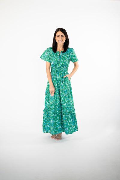 Francesca Smocked Waist Maxi in Green Print