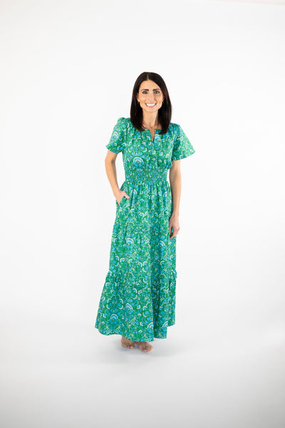 Francesca Smocked Waist Maxi in Green Print