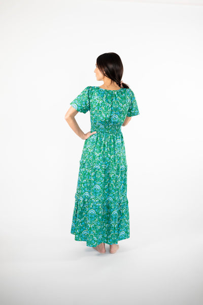 Francesca Smocked Waist Maxi in Green Print