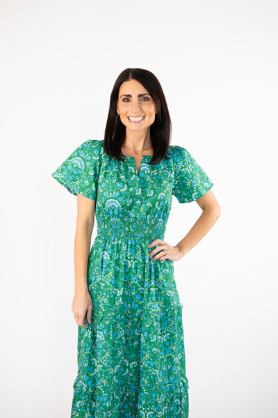 Francesca Smocked Waist Maxi in Green Print