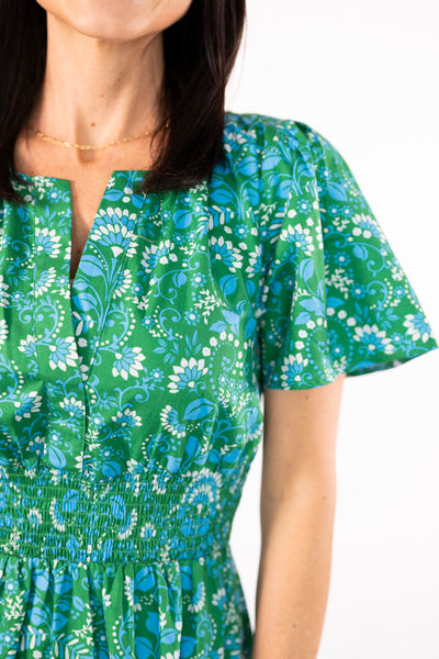 Francesca Smocked Waist Maxi in Green Print