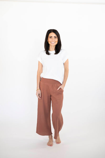 Neri Smocked Waist Pants in Chestnut