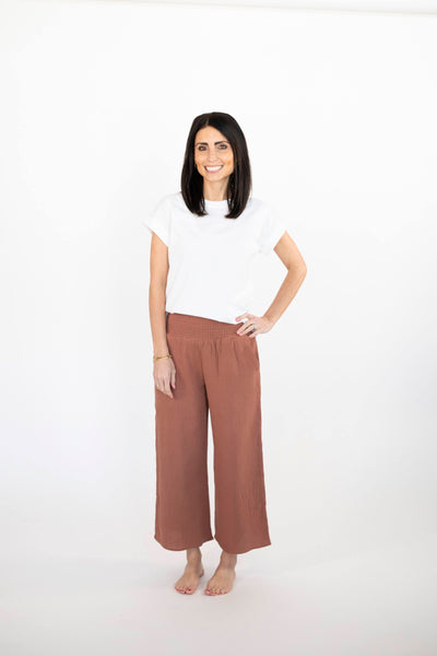 Neri Smocked Waist Pants in Chestnut