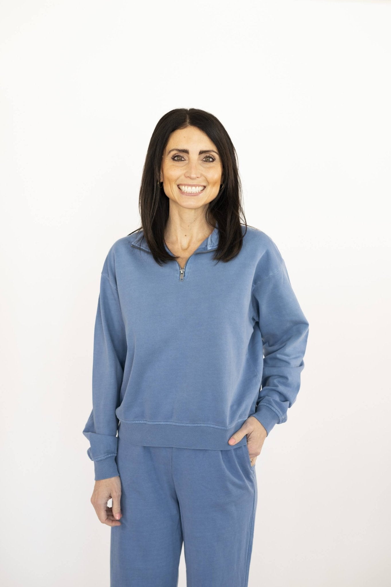 Liza Half Zip Sweatshirt in Blue — Brooklyn Blush women's boutique, Draper Utah