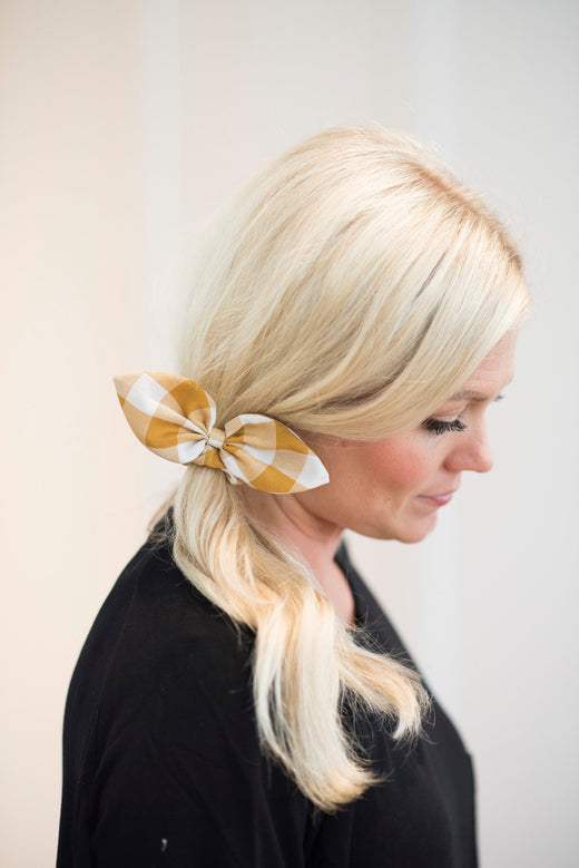 Mustard Plaid Bow Scrunchie — Brooklyn Blush, Draper Utah