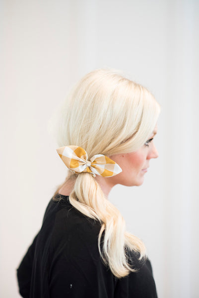 Plaid Bow Scrunchie in Mustard