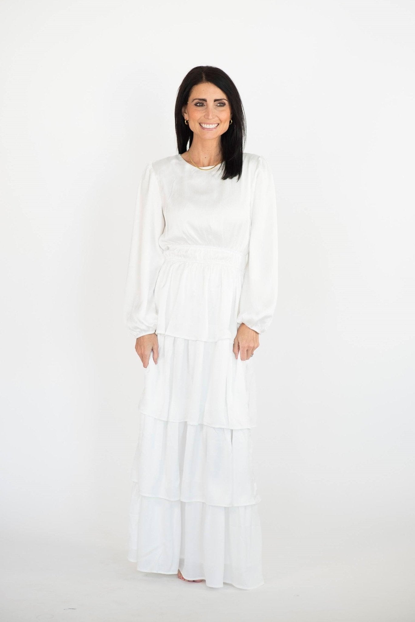 Kacey Tiered Satin Temple Dress — white satin LDS temple dress, view 2