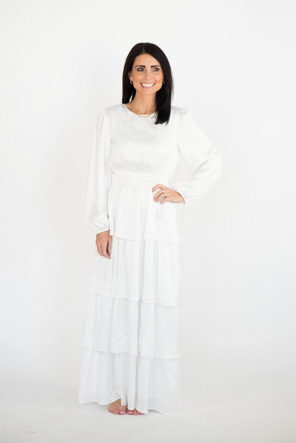 Kacey Tiered Satin Temple Dress — white satin LDS temple dress, view 3