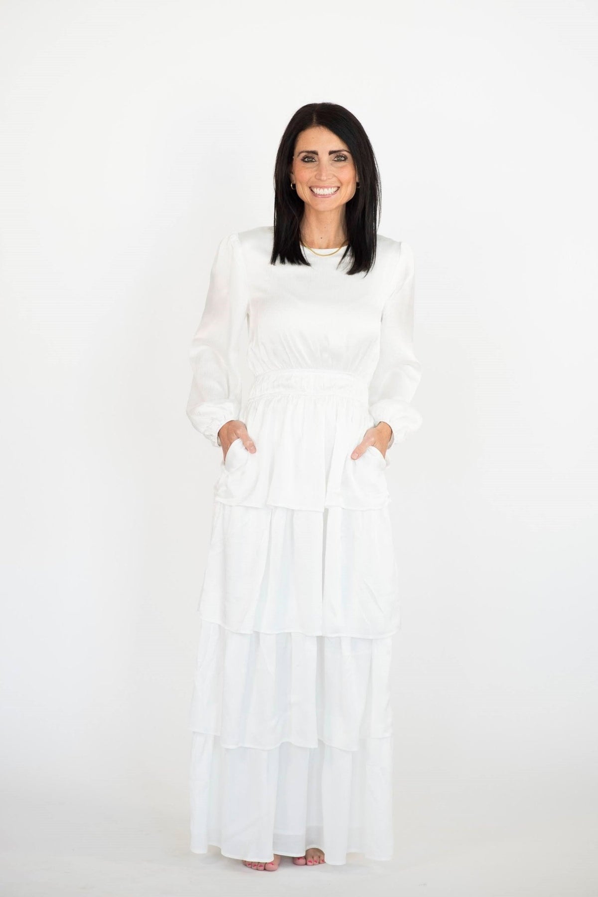 Kacey Tiered Satin Temple Dress — white satin LDS temple dress from Brooklyn Blush in Draper, Utah