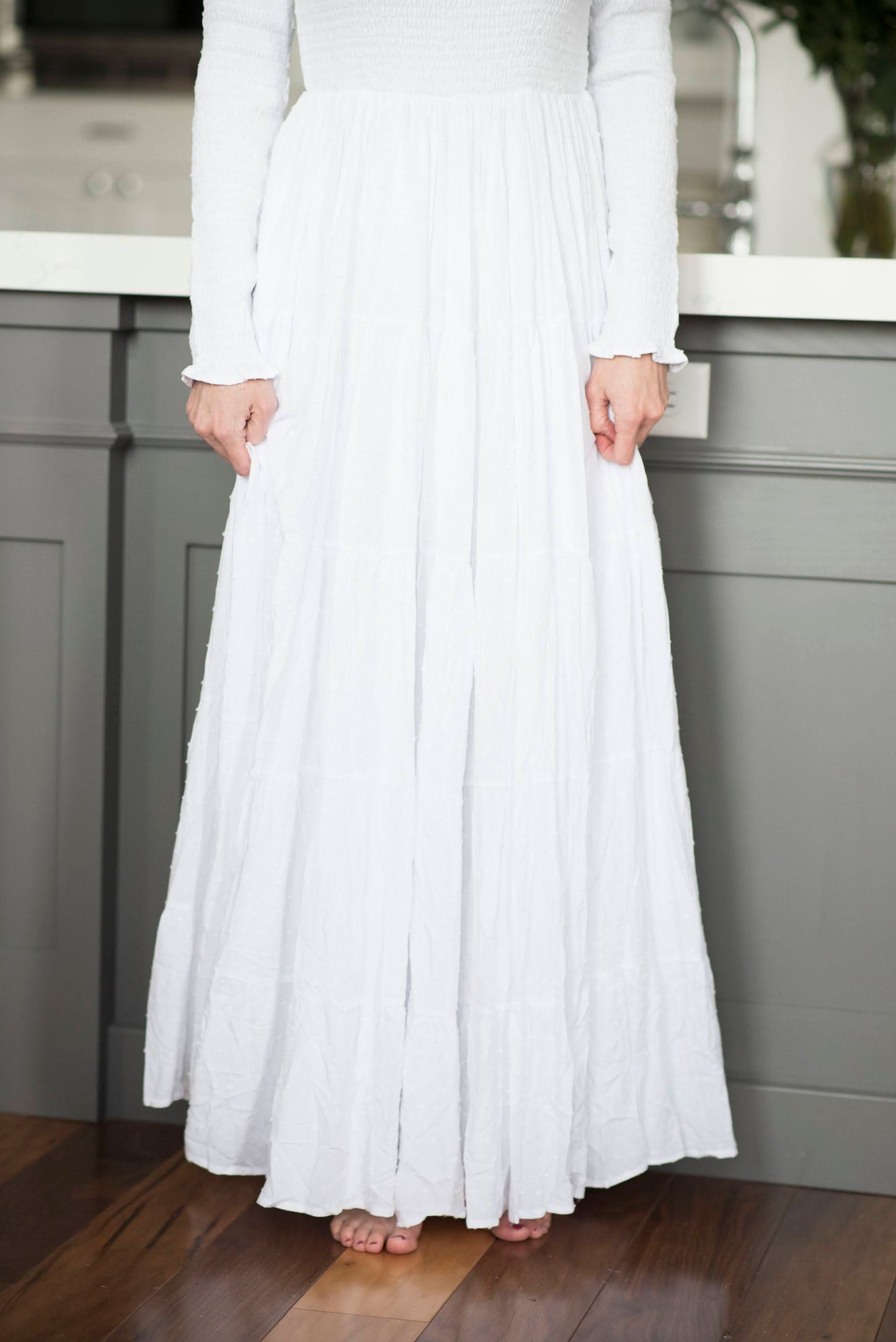 Smocked Top Temple Dress — white LDS temple dress, view 6