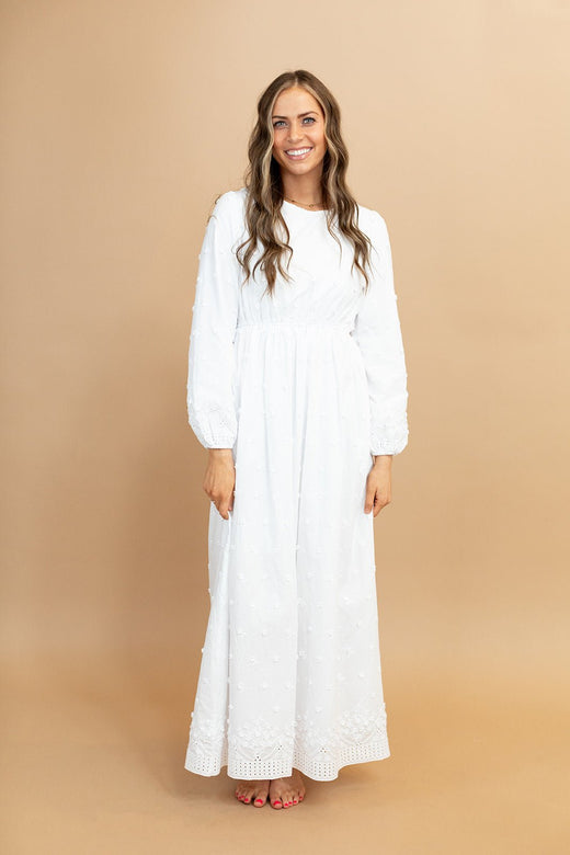 Bonnie Eyelet Temple Dress — white eyelet LDS temple dress from Brooklyn Blush in Draper, Utah