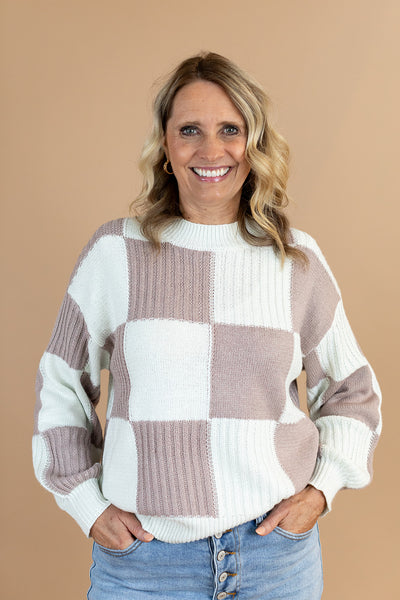 Aria Checked Sweater in Taupe/Ivory