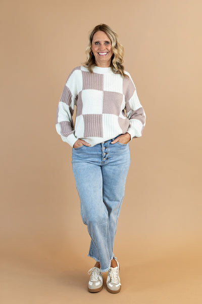 Aria Checked Sweater in Taupe/Ivory