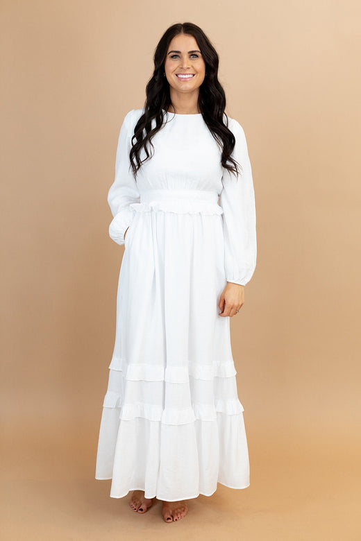 Amelia Tiered Temple Dress — white LDS temple dress from Brooklyn Blush in Draper, Utah