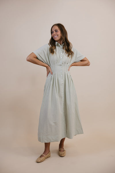 Wynnie Olive Striped Pleated Dress