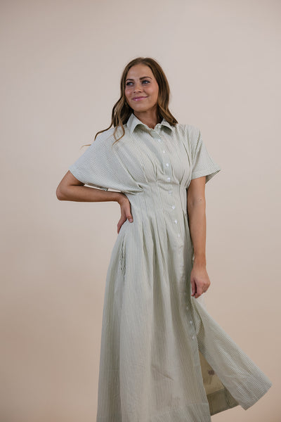 Wynnie Olive Striped Pleated Dress
