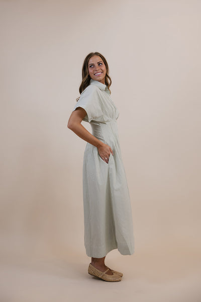 Wynnie Olive Striped Pleated Dress