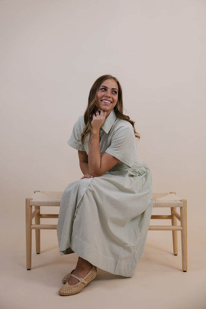 Wynnie Olive Striped Pleated Dress