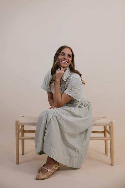 Wynnie Olive Striped Pleated Dress