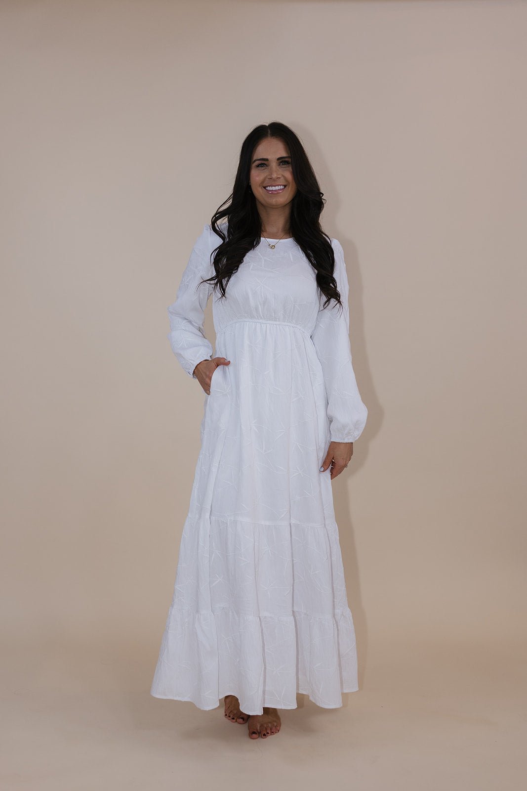 Agnes Tiered Temple Dress in petite — white LDS temple dress from Brooklyn Blush in Draper, Utah