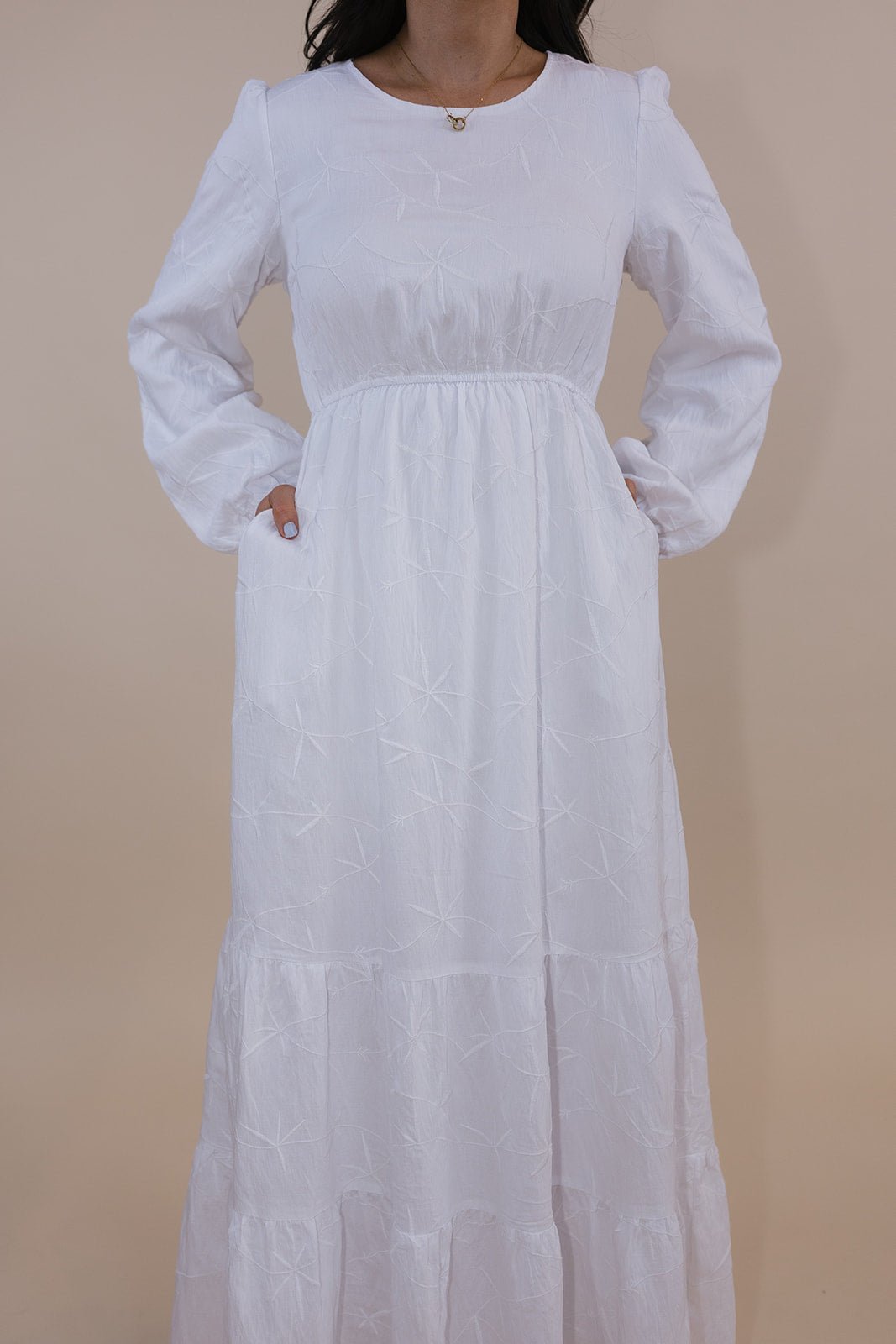 Agnes Tiered Temple Dress in petite — white LDS temple dress, view 3