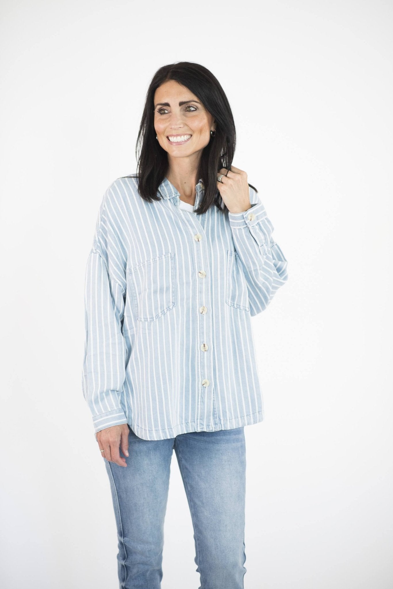Kellan Striped Shacket — Brooklyn Blush women's boutique, Draper Utah