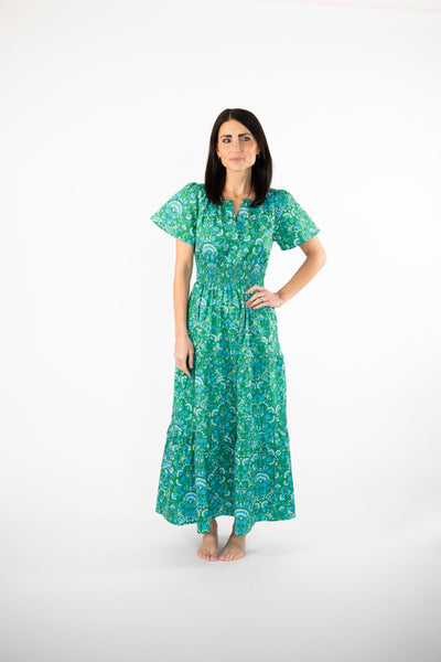 Francesca Smocked Waist Maxi in Green Print