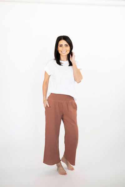 Neri Smocked Waist Pants in Chestnut