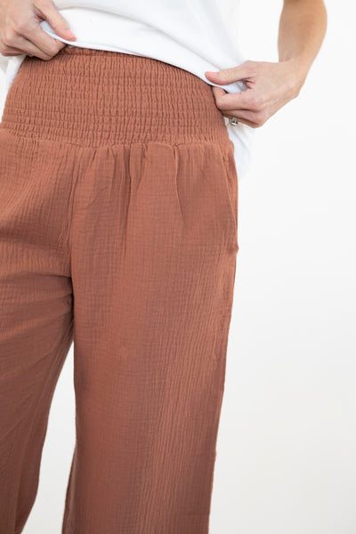 Neri Smocked Waist Pants in Chestnut