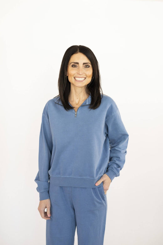 Liza Half Zip Sweatshirt in Blue — Brooklyn Blush women's boutique, Draper Utah