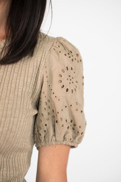 Bailey Eyelet Sleeve Top in Taupe