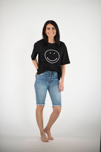 Embroidered Smiley Top in Black