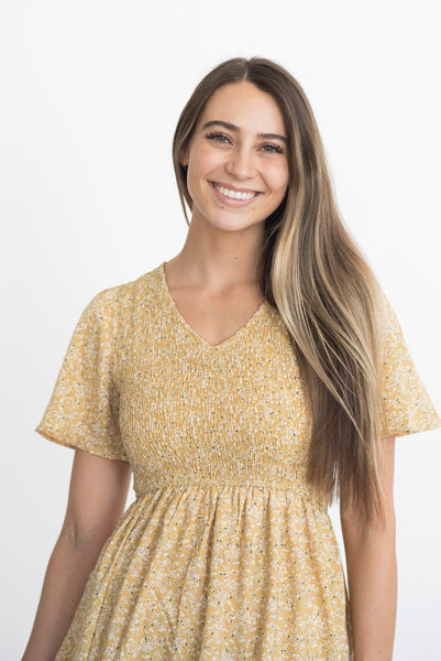 Lexa Smocked V Neck Dress in Yellow