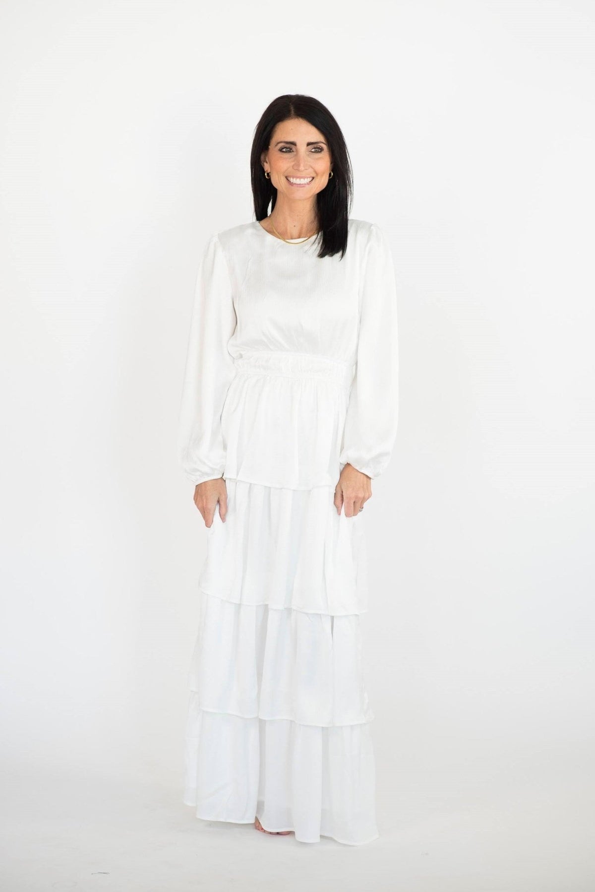 Kacey Tiered Satin Temple Dress — white satin LDS temple dress, view 2