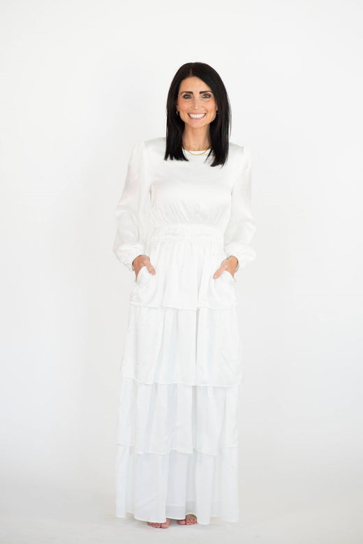 Kacey Tiered Satin Temple Dress — white satin LDS temple dress from Brooklyn Blush in Draper, Utah