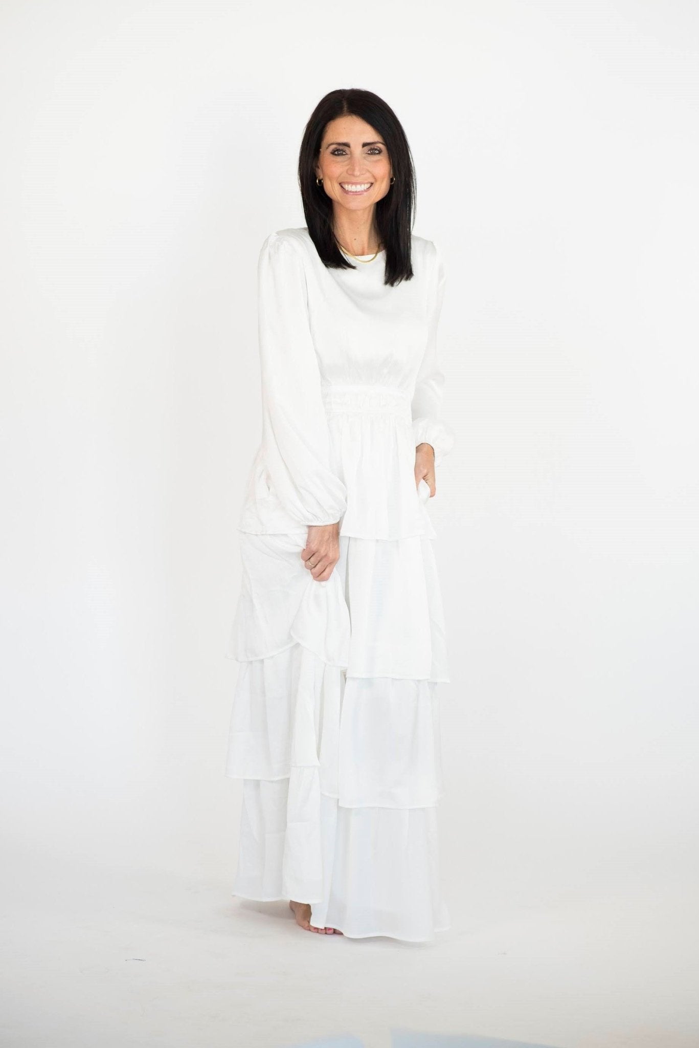 Kacey Tiered Satin Temple Dress — white satin LDS temple dress, view 4