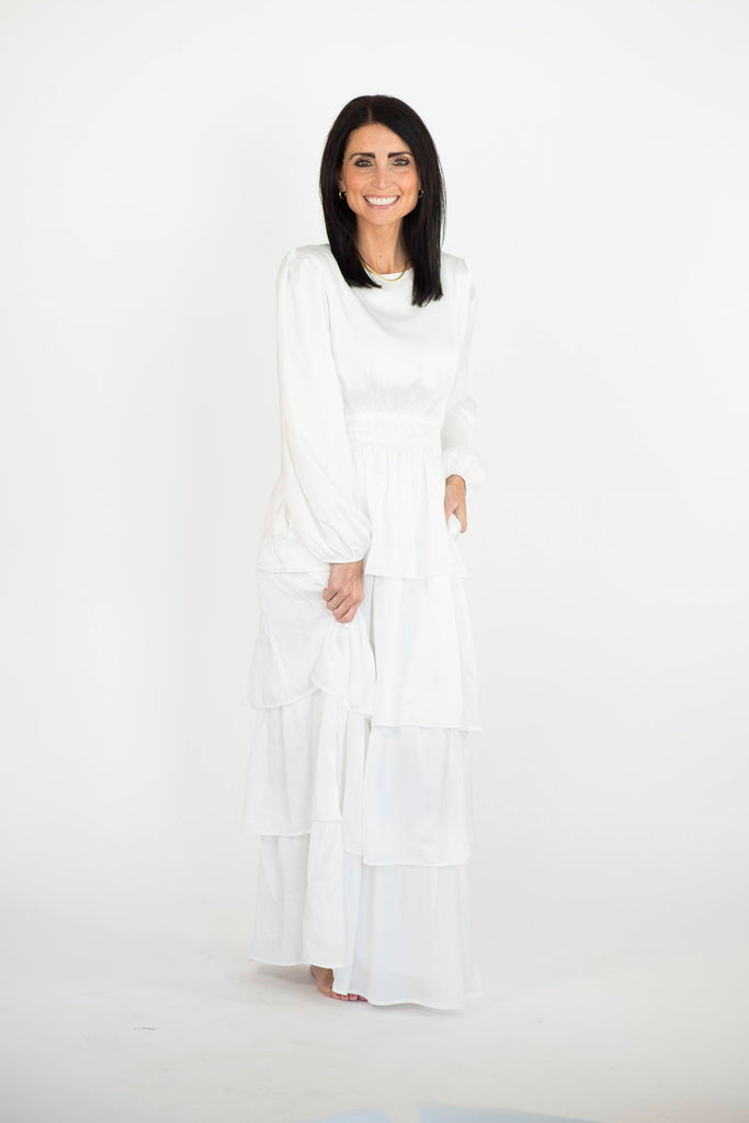 Kacey Tiered Satin Temple Dress – Brooklyn Blush Kacey Tiered Satin Temple Dress – Brooklyn Blush