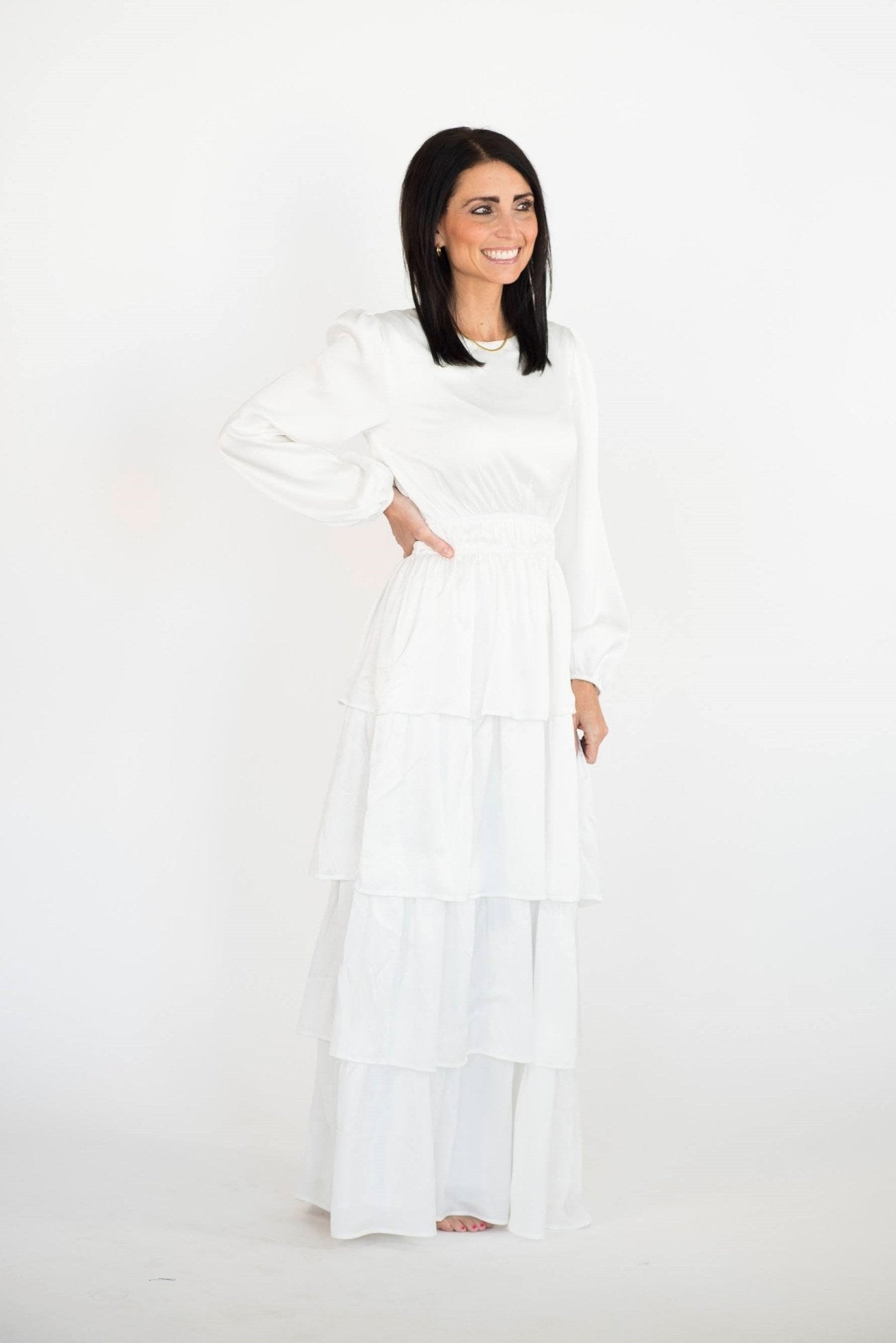 Kacey Tiered Satin Temple Dress — white satin LDS temple dress, view 5
