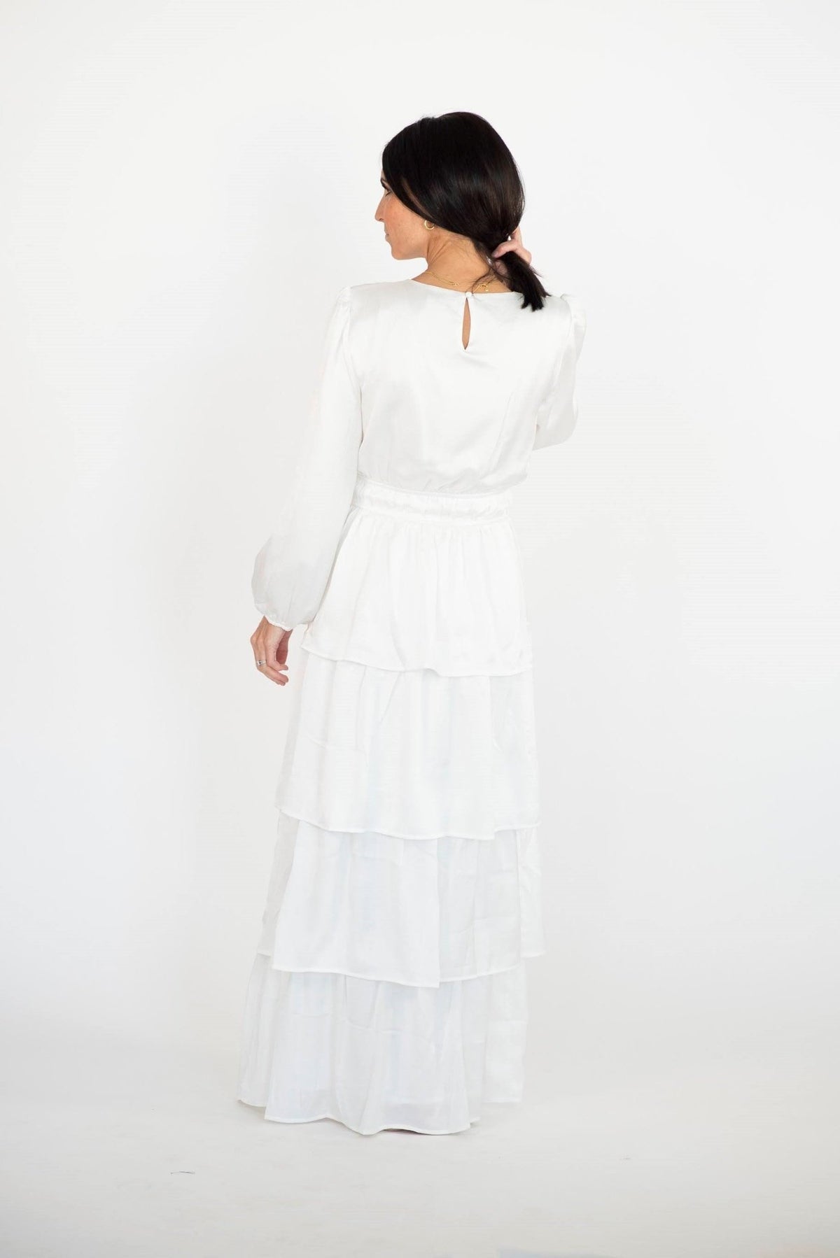 Kacey Tiered Satin Temple Dress — white satin LDS temple dress, view 6