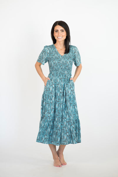 Lexa Smocked V Neck Dress in Teal