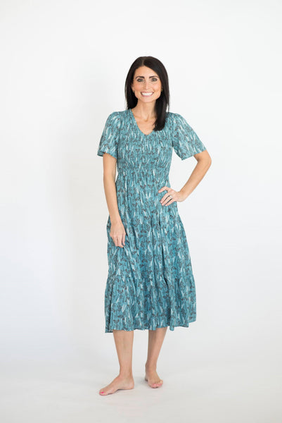 Lexa Smocked V Neck Dress in Teal