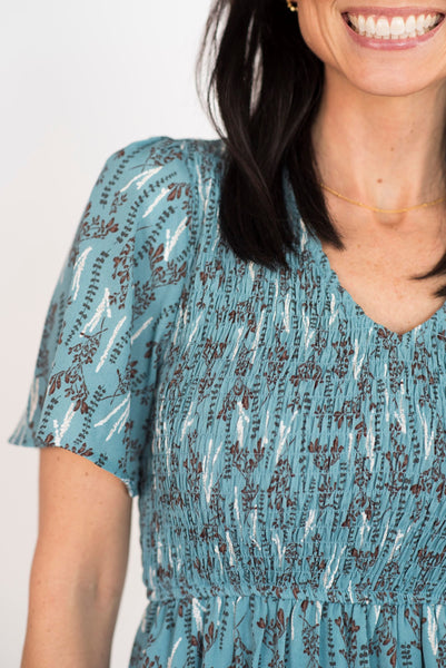 Lexa Smocked V Neck Dress in Teal