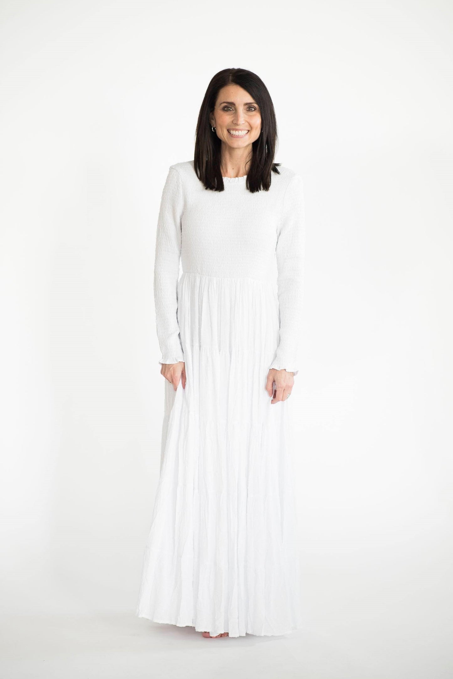 Smocked Top Temple Dress — white LDS temple dress, view 2
